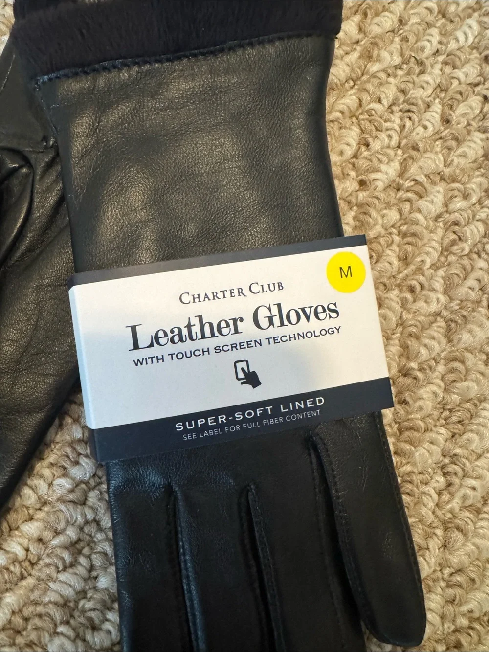 Charter Club Black Leather Gloves with Fur Trim and Touchscreen Tips